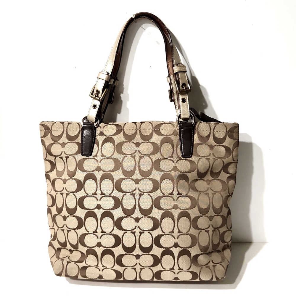 Coach Signature C Stripe Brown Khaki Canvas Shoulder Bag Tote - Picture 3 of 16